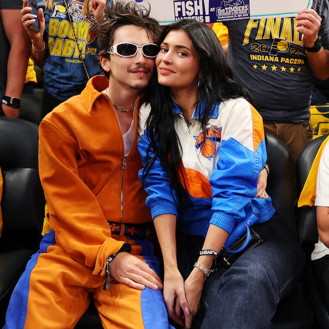 Timothee Chalamet and Kylie Jenner attend Game Six of the Eastern Conference Finals of the 2025 NBA Playoffs between the New York Knicks and the Indiana Pacers at Gainbridge Fieldhouse on May 31, 2025