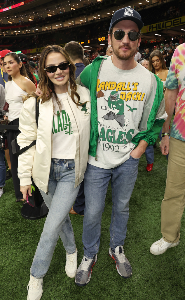 Miles Teller and Keleigh Sperry Teller attend Super Bowl 2025