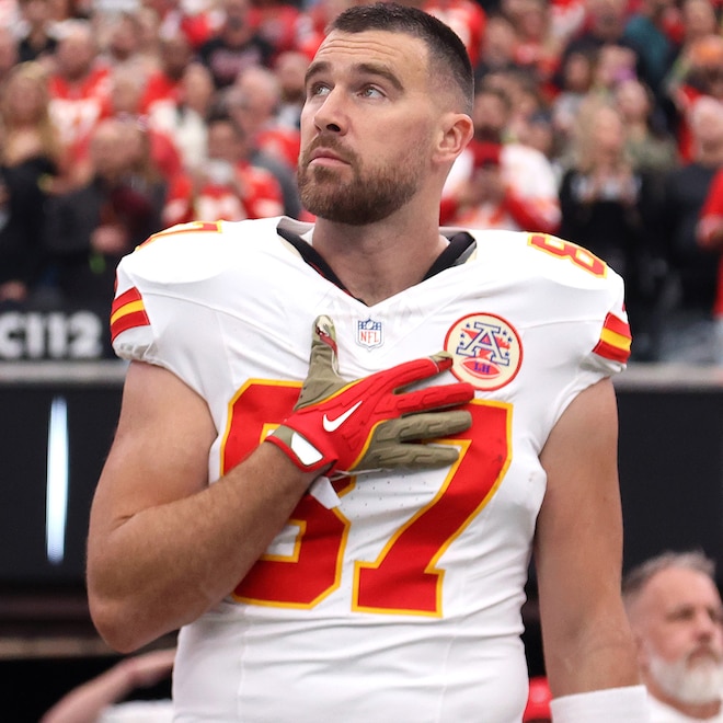 Travis Kelce #87 of the Kansas City Chiefs looks on during the National Anthem prior to the game against the Las Vegas Raiders at Allegiant Stadium on January 04, 2026 in Las Vegas, Nevada.
