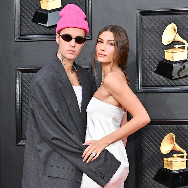 Justin Bieber and Hailey Bieber at the 64th Annual Grammy Awards held at the MGM Grand Garden Arena on April 3rd, 2022 in Las Vegas, Nevada.