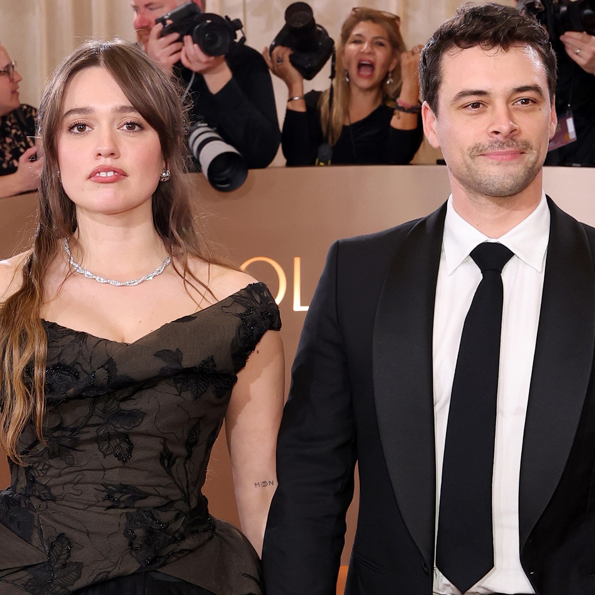 Aimee Lou Wood and Adam Long arrive at the Golden Globes 2026 red carpet