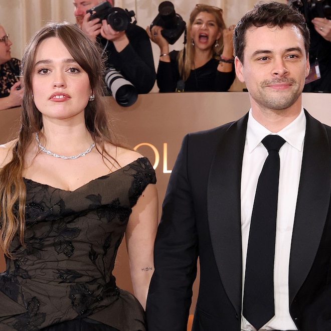 Aimee Lou Wood and Adam Long arrive at the Golden Globes 2026 red carpet