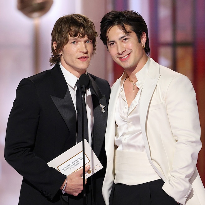 Connor Storrie and Hudson Williams present at the 2026 Golden Globes