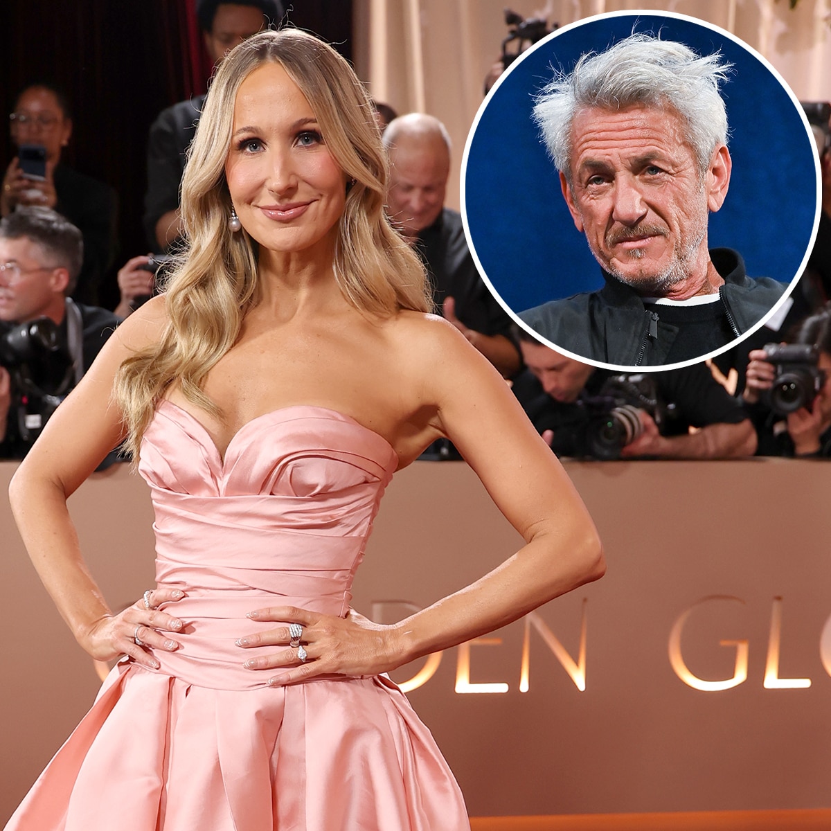 Nikki Glaser arrives at Goldne Globes 2026 red carpet, Sean Penn