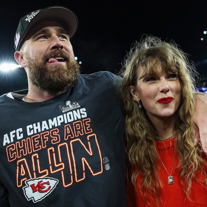Travis Kelce #87 of the Kansas City Chiefs (L) celebrates with Taylor Swift after defeating the Baltimore Ravens in the AFC Championship Game at M&T Bank Stadium on January 28, 2024 in Baltimore, Mary