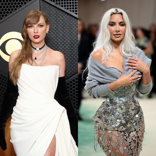 Taylor Swift attends the 66th GRAMMY Awards on February 04, 2024 in Los Angeles, California./ Kim Kardashian attends The 2024 Met Gala at The Metropolitan Museum of Art on May 06, 2024
