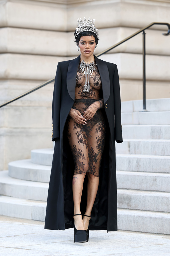 Teyana Taylor Sheer Lace Black Dress at Paris Fashion Week