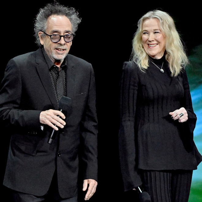 Tim Burton and Catherine O'Hara speak onstage during the Warner Bros. Pictures Presentation during CinemaCon 2024 at The Colosseum at Caesars Palace on April 09, 2024 in Las Vegas, Nevada.