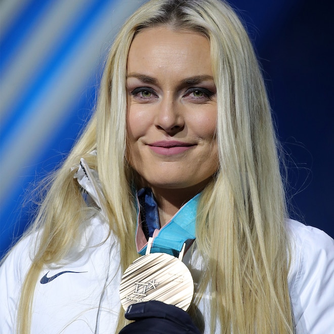 Bronze medallist Lindsey Vonn of the United States celebrates during the medal ceremony for the Ladies' Downhill on day twelve of the PyeongChang 2018 Winter Olympic Games at Medal Plaza on February 2