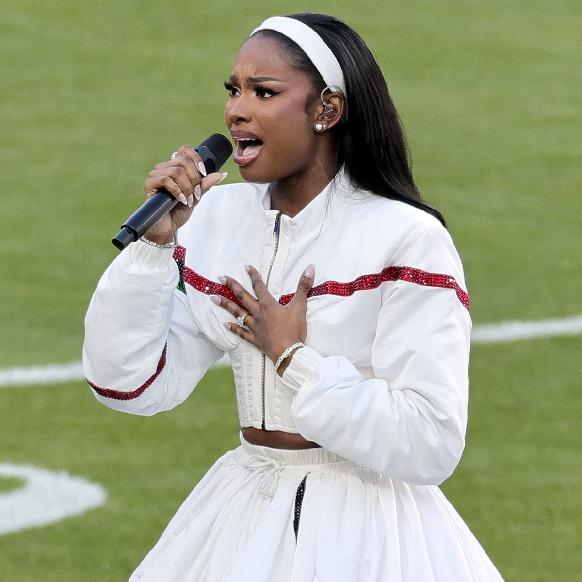 Coco Jones performs during the 2026 Super Bowl