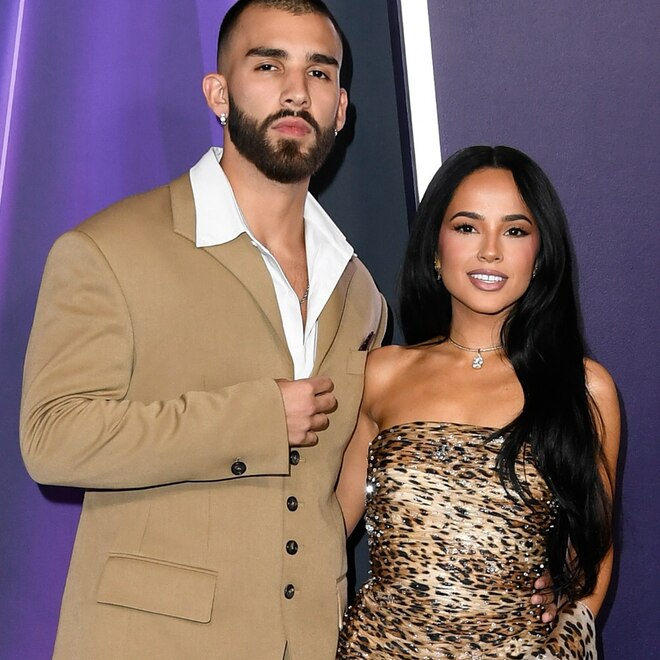 Sebastian Lletget (L) and Becky G arrive at the 2025 American Music Awards at Fontainebleau Las Vegas on May 26, 2025 in Las Vegas, Nevada.