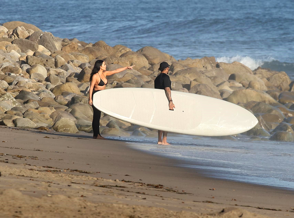 Kim Kardashian and Lewis Hamilton Dive Head First Into Romance in PDA-Filled Beach Photos