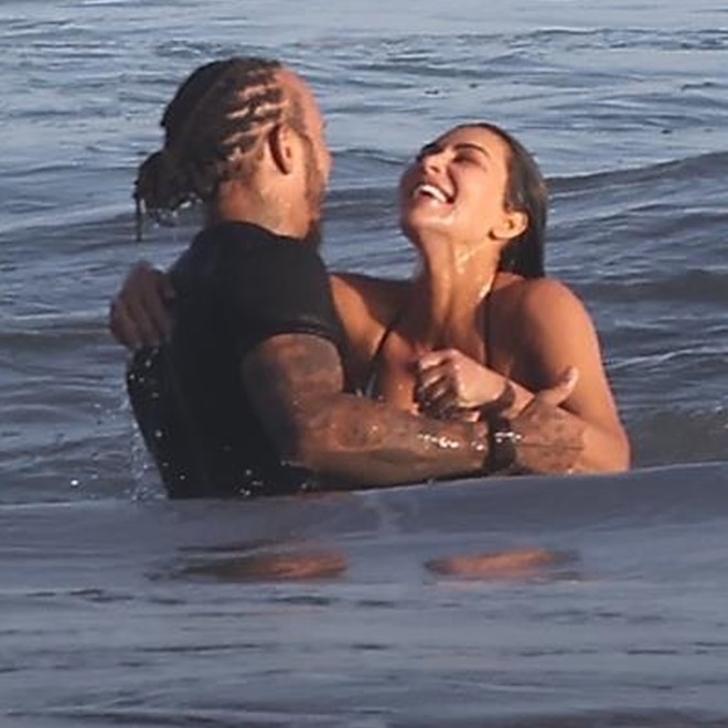 Kim Kardashian and Lewis Hamilton Dive Head First Into Romance in PDA-Filled Beach Photos