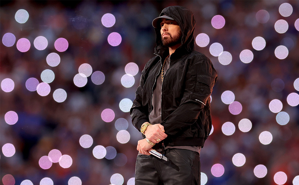  Eminem performs during the Pepsi Super Bowl LVI Halftime Show at SoFi Stadium on February 13, 2022 in Inglewood, California. 