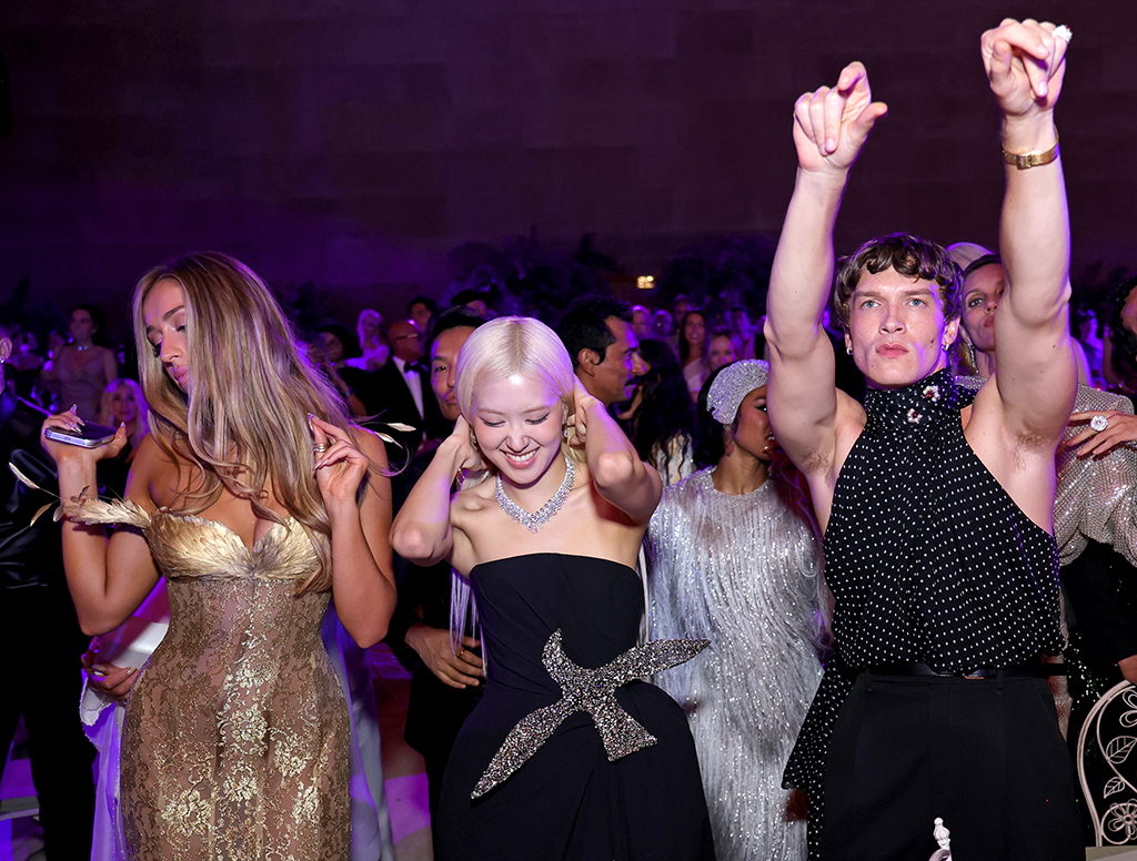 Tate McRae, Rosé, and Connor Storrie attend the 2026 Met Gala, inside, candids