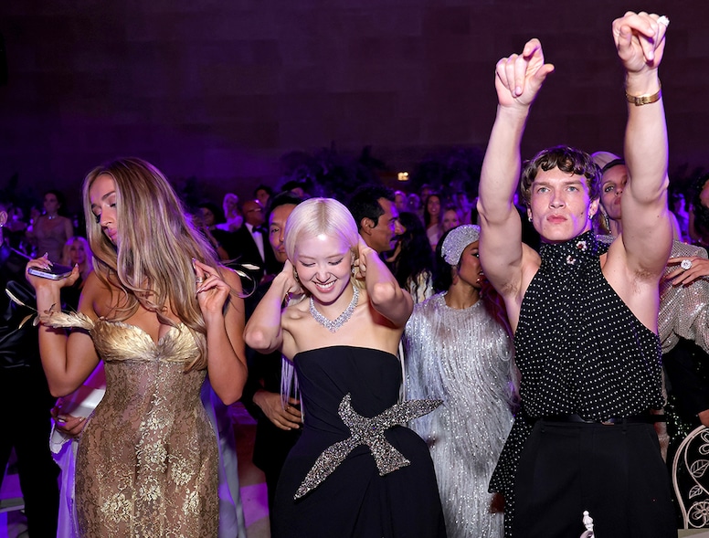 Tate McRae, Rosé, and Connor Storrie attend the 2026 Met Gala, inside, candids