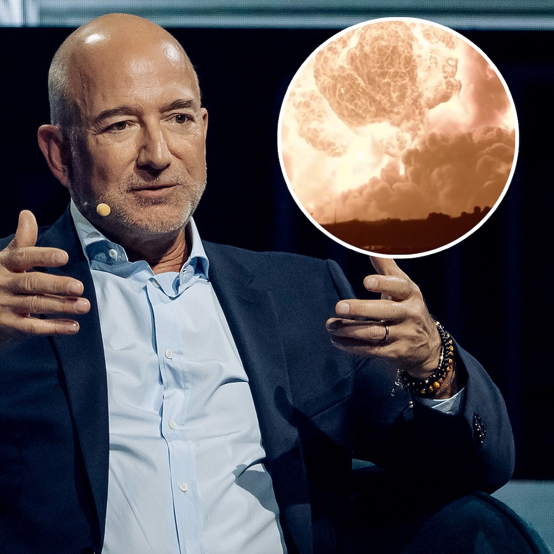 Jeff Bezos reacciona después de que el cohete Blue Origin explota en la plataforma de lanzamiento.
